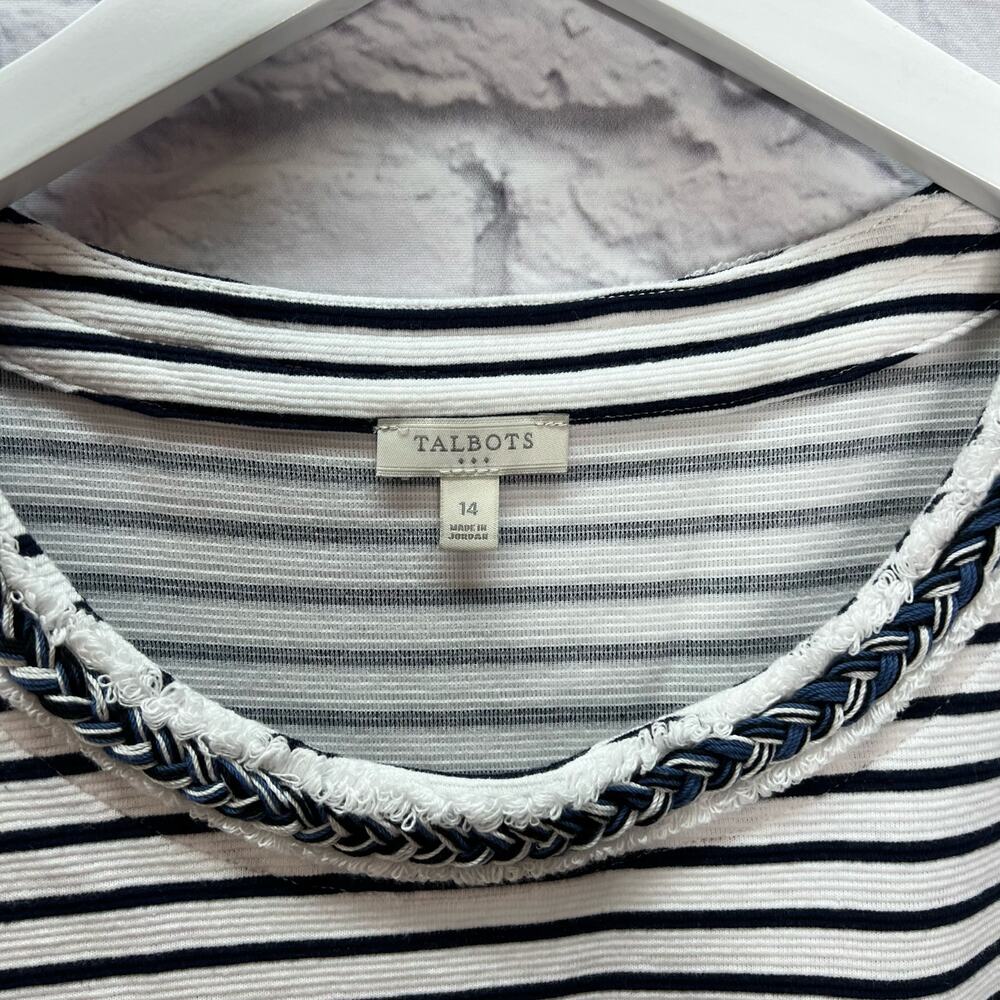Talbots Sleeveless Sheath Dress White Blue Striped Braided Detail Nautical 14 - Picture 3 of 5